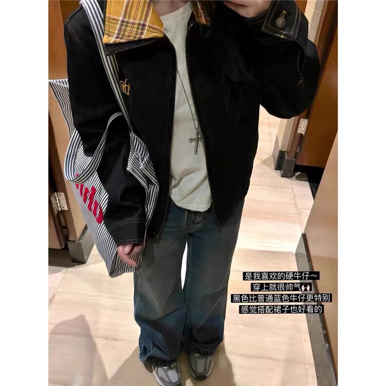 美式复古格子拼接牛仔外套男女春秋新款工装夹克JK54-P83,男装工装外套,星座208-5