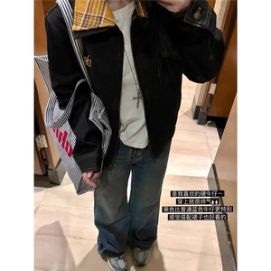美式复古格子拼接牛仔外套男女春秋新款工装夹克JK54-P83图片