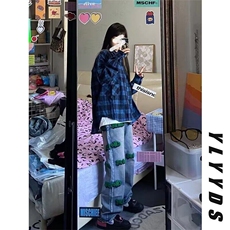 港风复古藏蓝色格子长袖衬衫男女潮牌设计感宽松慵懒风休闲薄外套，男装衬衫，星座506A