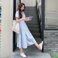 浅蓝色连衣裙女2025夏季新款韩系学院风通勤减龄显瘦高腰衬衫长裙，女装连衣裙，2C273