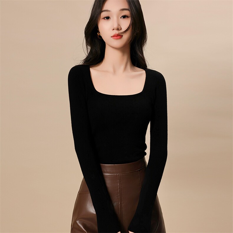 无缝一体方领扬子纱140S羊毛打底衫,女装T恤,挚尚羊绒