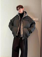 网图美式假两件pu皮短款棉服男款冬季加厚工装棉袄连帽外套特P89，男装皮衣，电商C306-1