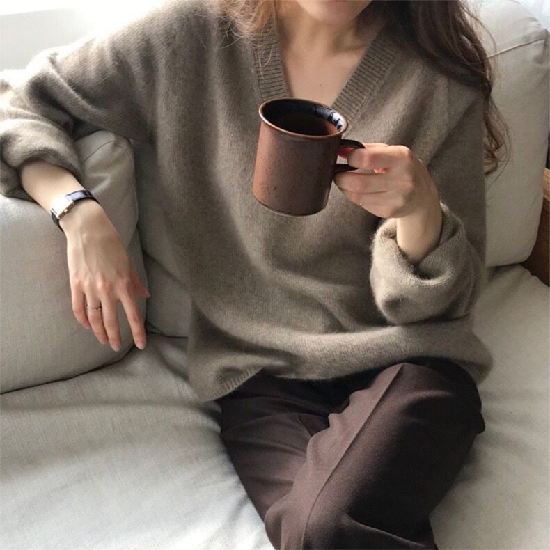 时尚女士秋季新款简约百搭七针加厚V领针织衫显瘦保暖羊毛衫,针织衫/毛衣,悦玛羊绒