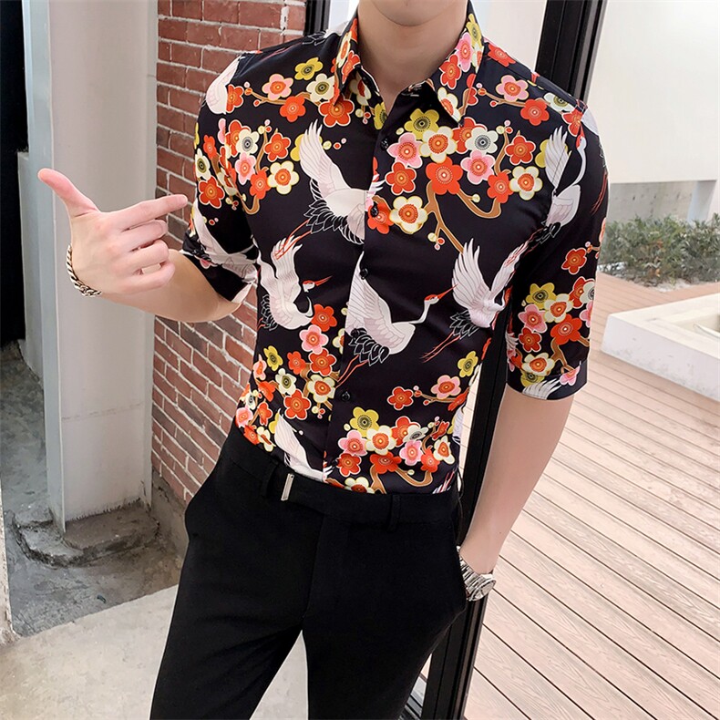 2021夏季社会风中袖花衬衫男士修身七分袖半袖衬衣A470-CS09,男装衬衫,电商A207