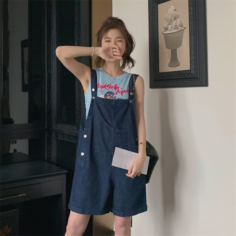 韩版时尚休闲减龄牛仔背带裤套装条纹短袖女2024新款夏季短款裤子,女装套装/套裙,浙宝285（原212）