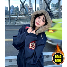 现货高品质美式高街重磅刺绣座山雕大毛毛领棉衣男女加厚棉服外套，男装棉衣，电商A443