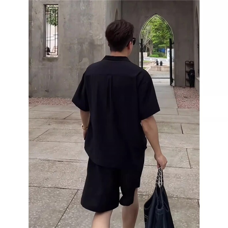 假两件拼接黑色V领短袖衬衫男士休闲套装老钱风穿搭垂感五分短裤,男装休闲套装,电商B212（原钱塘6029）