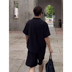 假两件拼接黑色V领短袖衬衫男士休闲套装老钱风穿搭垂感五分短裤，男装休闲套装，电商B212（原钱塘6029）