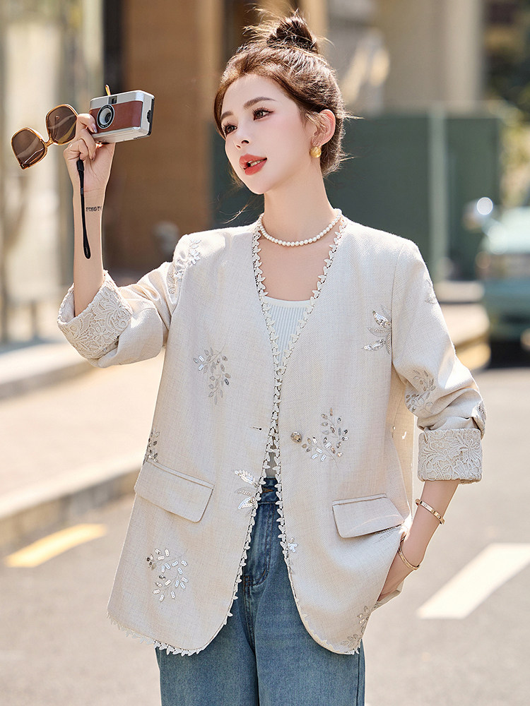 2025春新款新中式刺绣西装外套女高级感显瘦V领气质西服上衣,女装西装,妙形