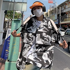 夏上衣宽松高级感垂感短袖衬衫男装潮流水墨免烫衬衣潮LS2235P32，男装衬衫，星座1013-5
