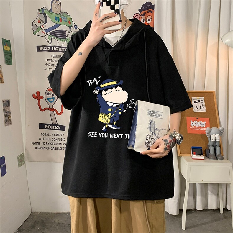 LD54240-P45蜡笔小新连帽短袖t恤男大码胖子带帽五分袖中袖,男装T恤,电商A040