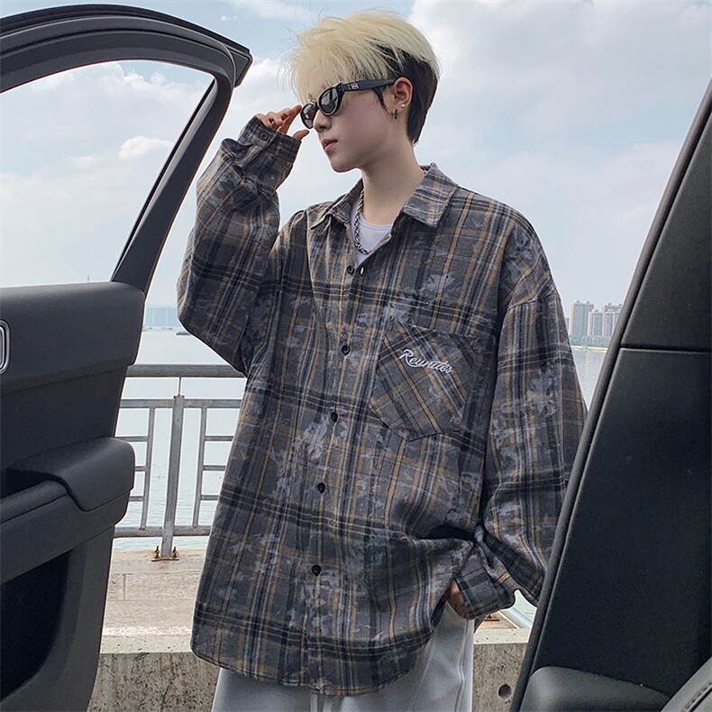 衬衫男秋季新款港风宽松大码格子扎染刺绣长袖衬衣CS3016-P38，男装衬衫，星座214-3