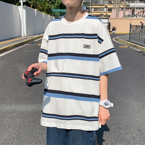 男女休闲潮牌短袖纯棉夏装新款撞色条纹T恤情侣装 T040-P22图片