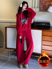 简约时尚休闲套装女秋冬新款韩系宽松显瘦连帽卫衣直筒长裤两件套，女装套装/套裙，江南