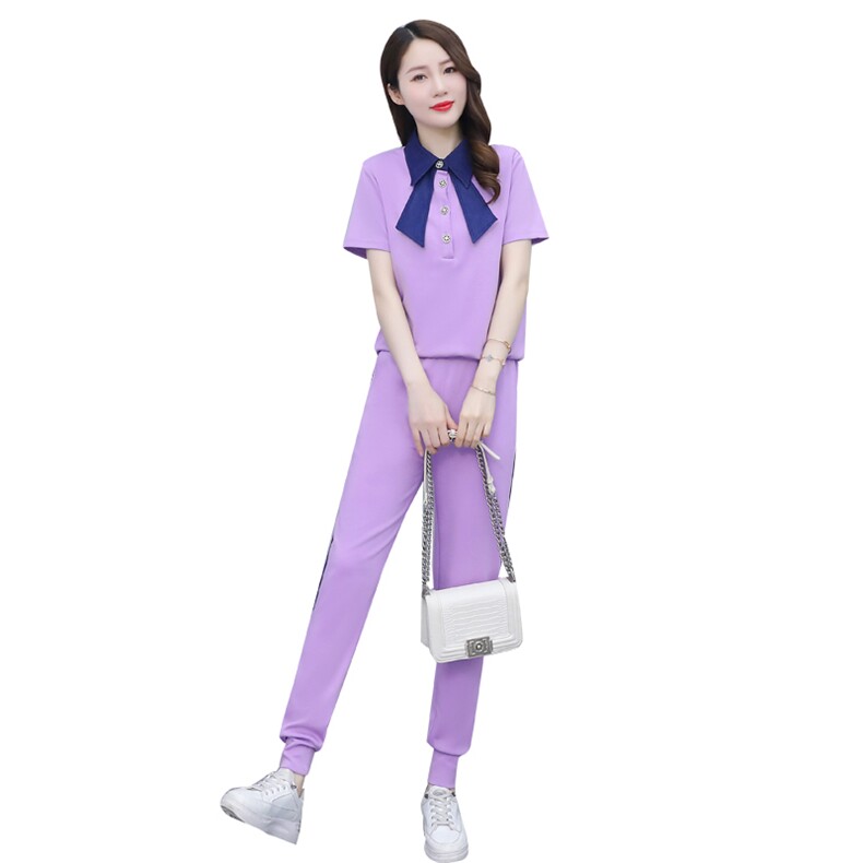 2023新款韩版时尚休闲两件套女紫色短袖上衣+长裤套装显瘦百搭运动风,女装套装/套裙,雅佳俏