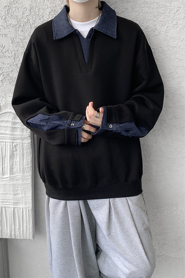 8XL-M美式拼接新款翻领高级感衬衫领运动上衣长袖卫衣男WY26P68,男装衬衫,电商D206-1