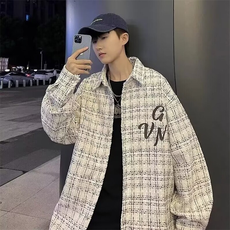 潮小香风外套男秋季新款轻熟高级感工装上衣千鸟格潮牌开衫夹克图片