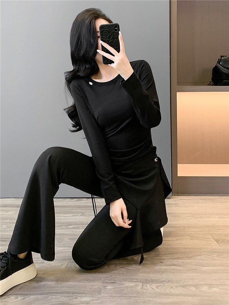 高级感时尚气质套装女秋季收腰显瘦圆领长袖假两件修身长裤两件套,女装套装/套裙,江南
