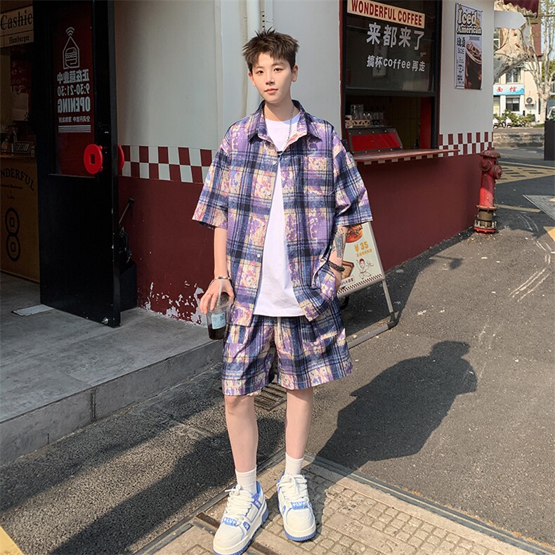 2025美式扎染印花冰丝凉感格子短袖衬衫薄套装TZ5600/特P45紫3,男装T恤,电商A094