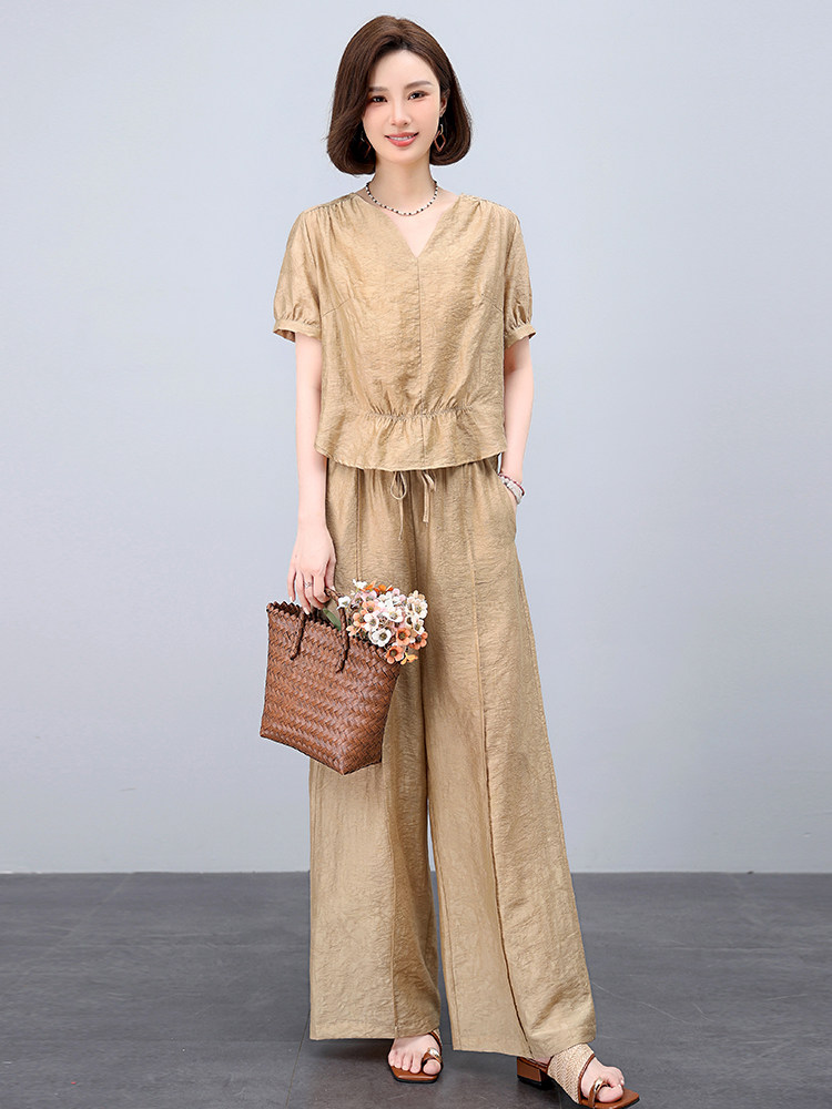 天丝亚麻套装女夏季薄款2026新款妈妈阔腿长裤气质休闲时尚两件套,女装套装/套裙,曼沙奕珂