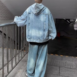 做旧水洗连帽牛仔卫衣男女秋季美式复古宽松情侣外套JK308-P65图片