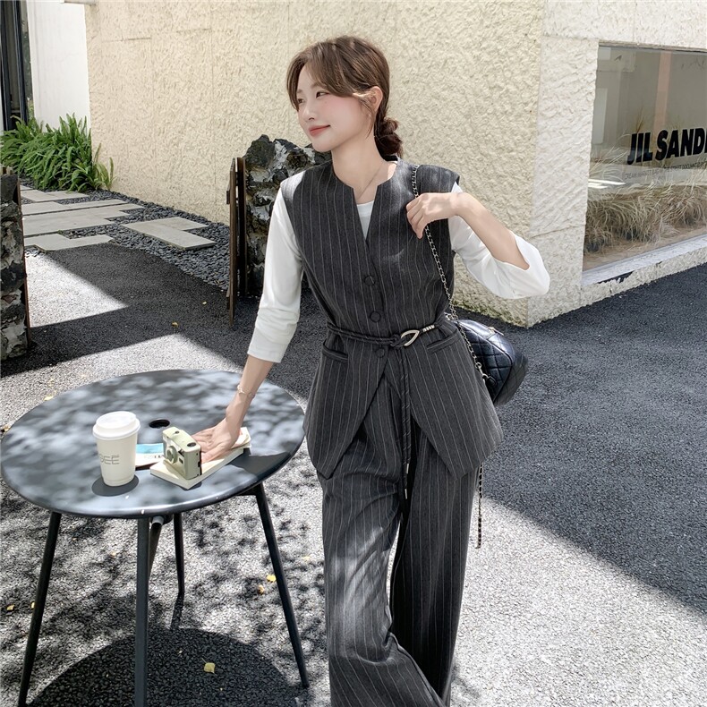 灰色条纹西装马甲套装裤2025新款女秋老钱风好韩系chic别致三件套,女装套装/套裙,2C262