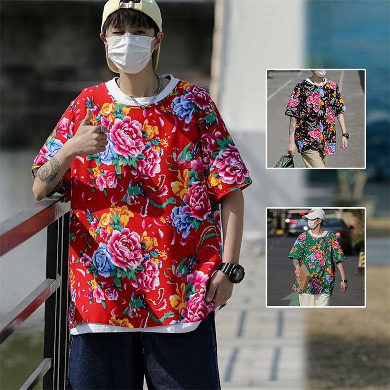HT202男士夏大码人棉大花红黑圆领短袖透气凉爽TEE恤棉纱风图片