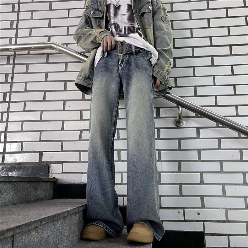 美式复古微喇叭牛仔裤女秋季年新款低腰毛边阔腿裤秋装图片