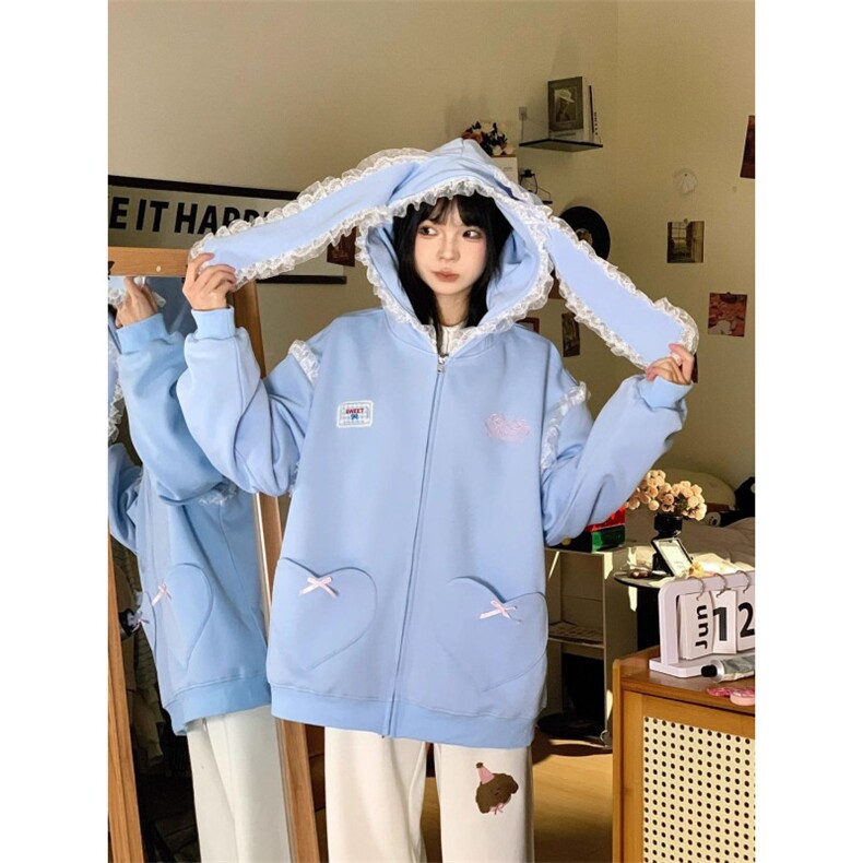 MAOYOU春季甜美蝴蝶结兔耳连帽卫衣女少女心韩系宽松帽衫外套上衣,女装短外套,星座506A