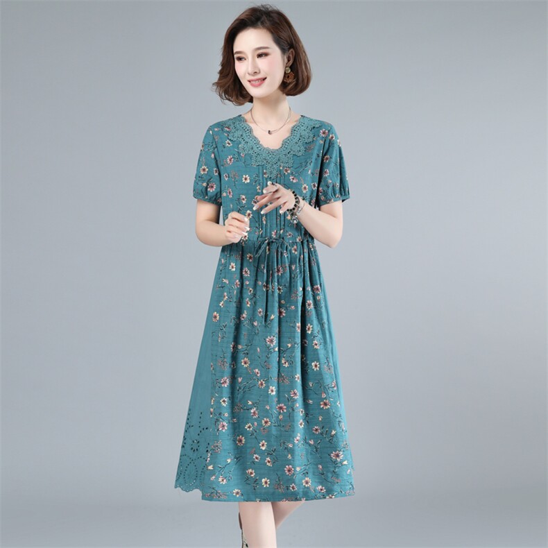 2023年夏季新款潮蕾丝碎花连衣裙女短袖韩版休闲百搭中长款a字裙,女装连衣裙,简韵佳