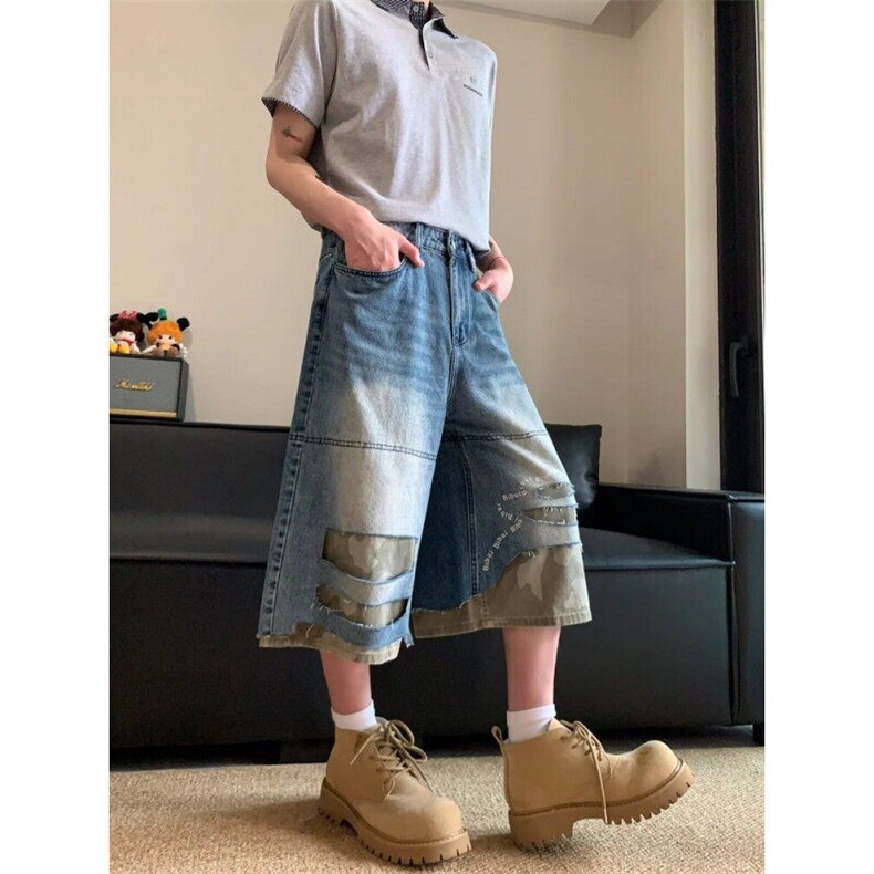 CP1235-P49美式复古拼接迷彩破洞牛仔七分裤夏季男女宽松休闲短,男装牛仔裤,电商B323A