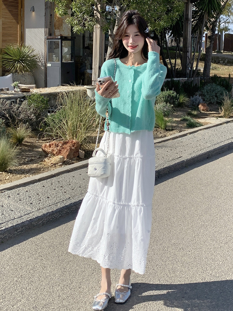 韩系甜美温柔针织开衫吊带连衣裙套装女春季欧若风夏日绝美小白裙,女装套装/套裙,3200格调