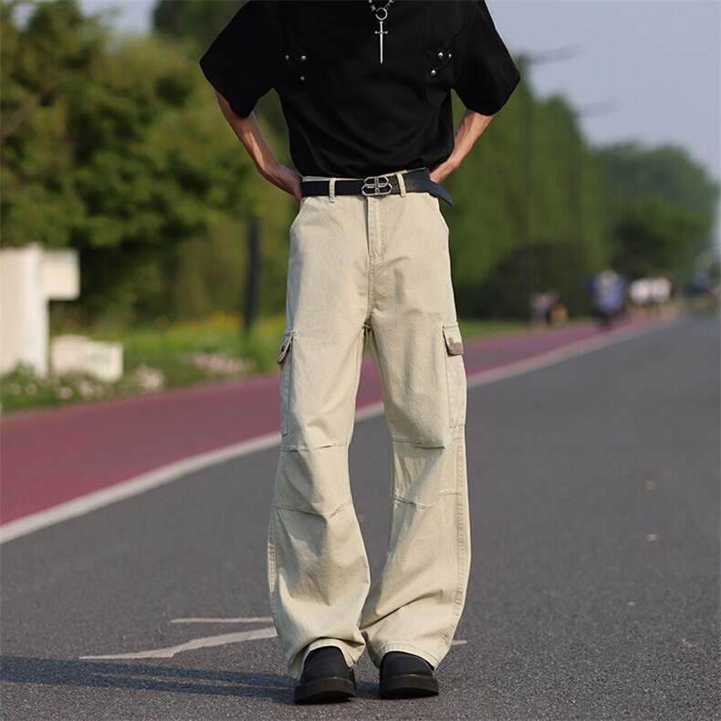 美式高街复古多口袋微喇工装裤男阔腿休闲褶皱伞兵裤FX996P58，男装工装外套，星座1013-1