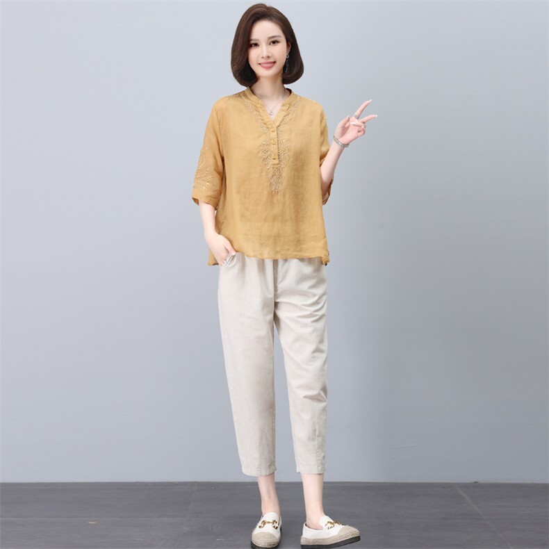 妈妈棉麻衬衫短袖女夏季时尚两件套2024新款中老年洋气阔腿裤套装,女装套装/套裙,希欧阁