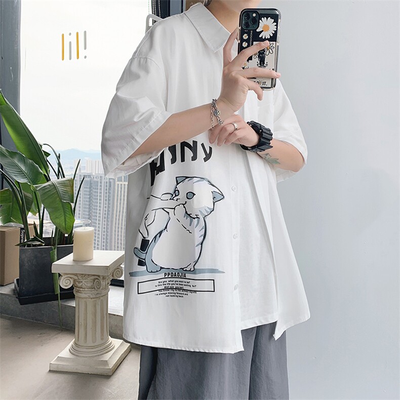 2021夏季新款港风模特已注册猫咪印花宽松短袖衬衫C3003-P35,男装衬衫,电商A001