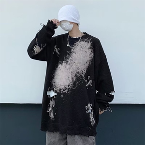 潮牌美式复古vibe高街破洞别针毛衣男女扎染小众针织衫MY273-P48图片