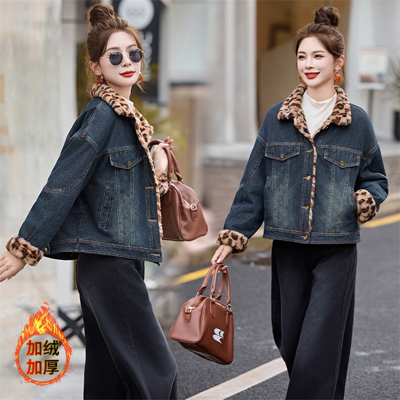 牛仔拼接豹纹皮毛一体外套女2024冬新款小个子加厚超好看显瘦棉服,女装牛仔外套,江南女神