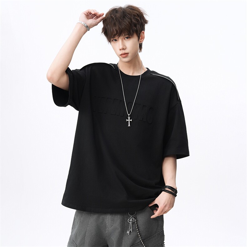 2026新款带拉链260克双纱纯棉凹凸钢印短袖T恤A158-T2602-P35，男装T恤，电商A158