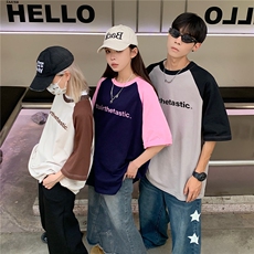 情侣装夏装拼接插肩袖情侣印花短袖T恤衫宽松上衣男G1050P35女，男装T恤，电商A339