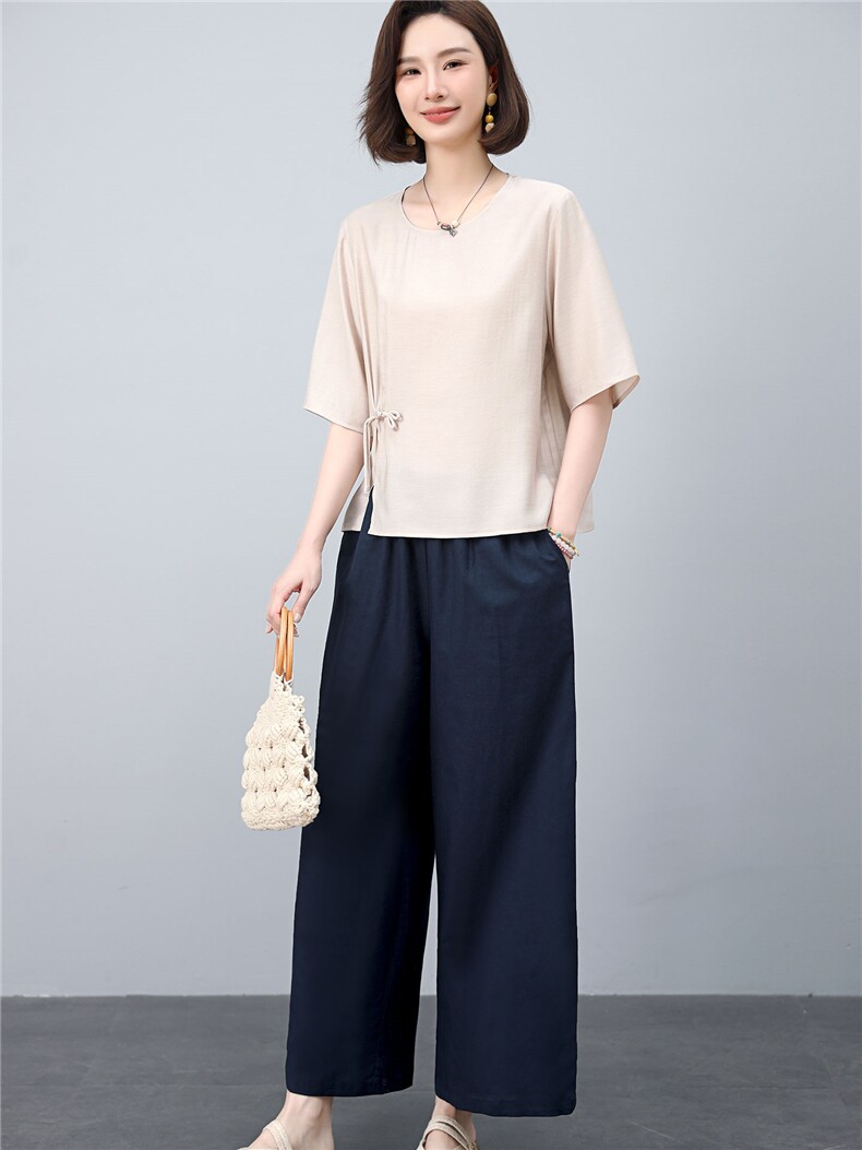 高端天丝麻上衣亚麻裤子2025夏装新款古风小衫两件套,女装套装/套裙,凝聚力