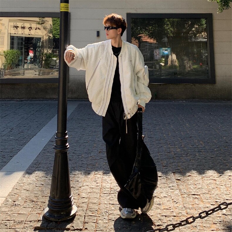 小众设计感白色压皱美式棒球服男款秋冬潮牌高级感短款飞行员夹克,男装夹克,星座506A