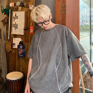 24夏季新品 设计感美式高街鹿皮绒反光条情侣短袖上衣男 H935 P35图片