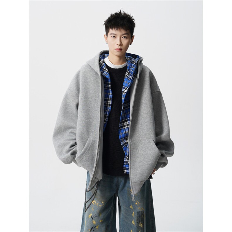 706-LK9319-P75 现货 秋季男士重磅假两件拉链连帽卫衣开衫外套图片