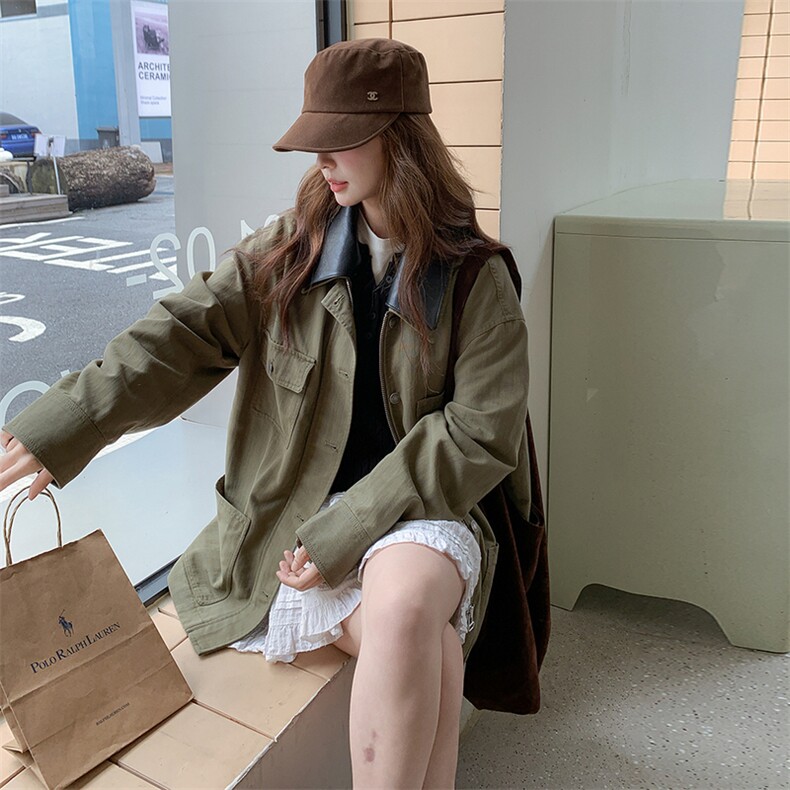 pu皮领军绿色工装风衣外套女春秋2025新款美式休闲夹克大衣港负,女装短外套,2C372