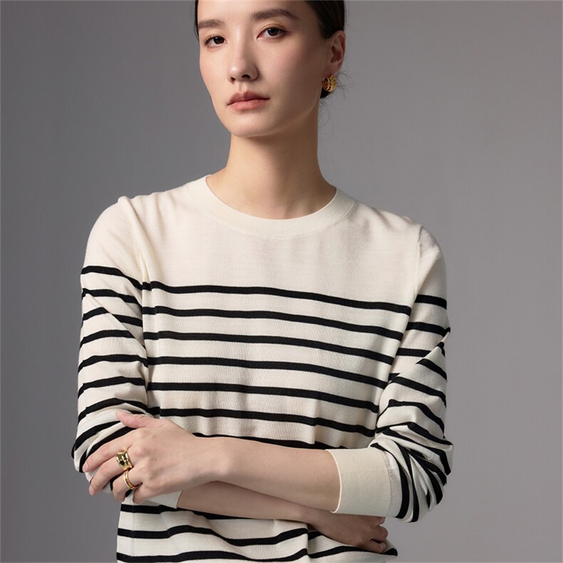 2025秋冬百搭时尚简约条纹圆领羊毛针织衫,女装羊毛衫,蚂蚁派对工厂直营店