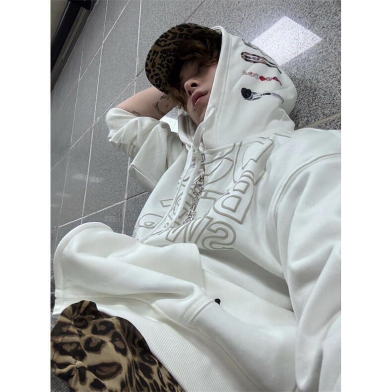 加绒印花字母开衫连帽卫衣男女2025秋宽松发夹印花通勤休闲外套，女装短外套，星座601-1