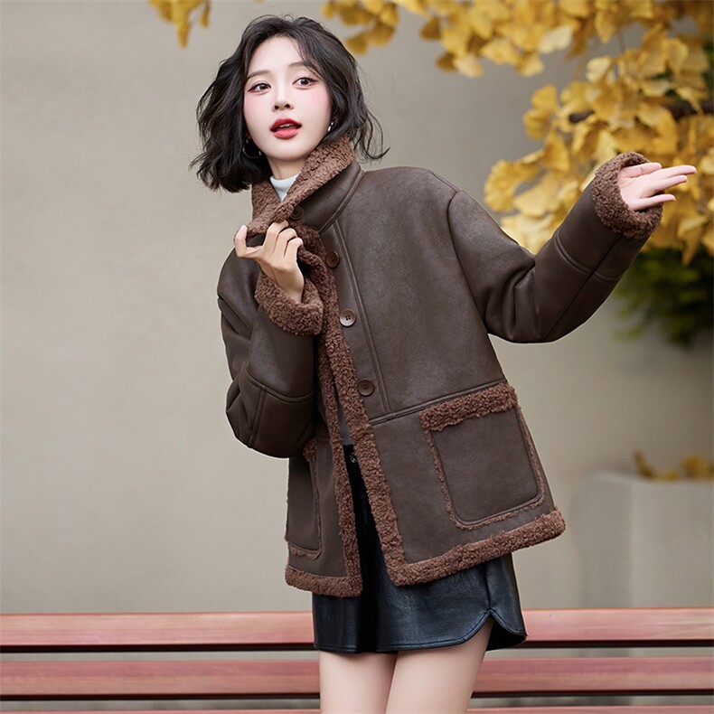 皮毛一体羊羔毛外套女短款2024新款秋冬季加绒机车服加厚皮夹克,女装羊羔毛/颗粒绒,美拉德工厂直营店