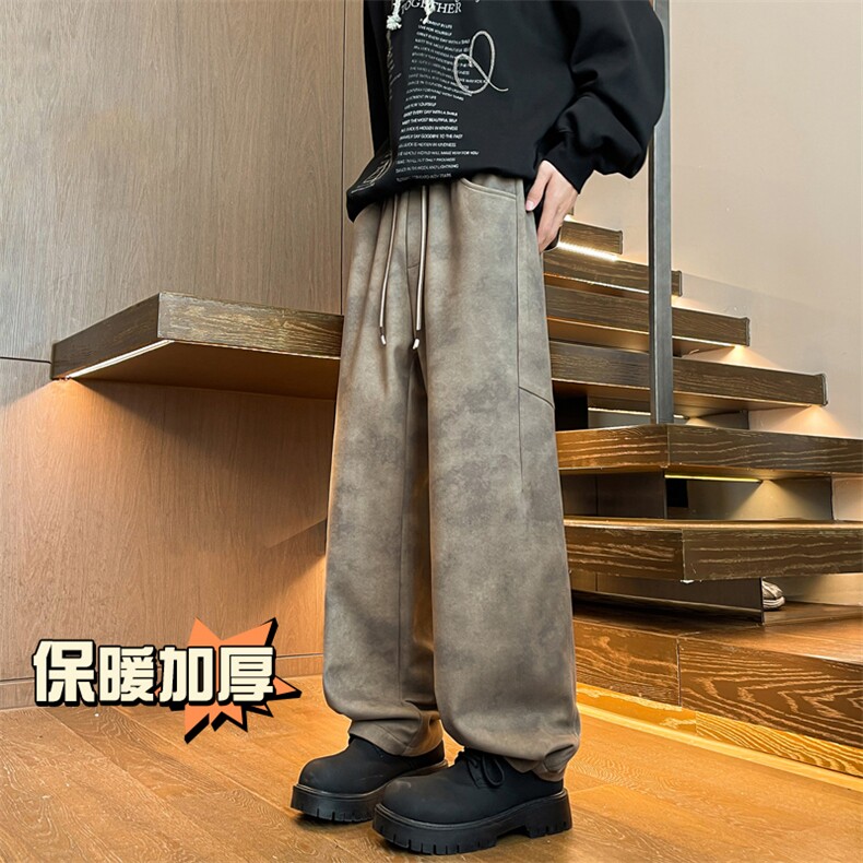 加厚保暖潮牌直筒拖地阔腿裤扎染脏脏布纽扣收脚毛呢裤男7991-P65,男装休闲裤,电商C305A