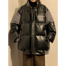 中性风黄灯毛线衣拼接PU皮棉衣男：聚酯纤维MY78756P140控198，男装针织衫/毛衣，星座227-7