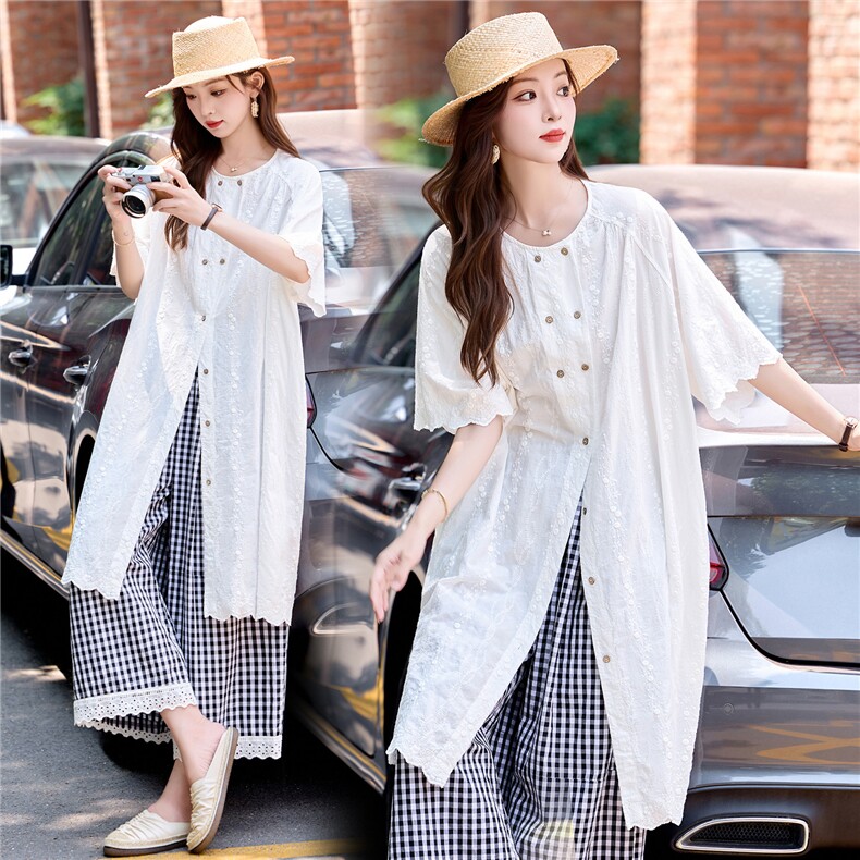 2025夏季新款格子阔腿裤套装森系套装刺绣连衣裙上衣+裤子两件套，女装套装/套裙，半夏